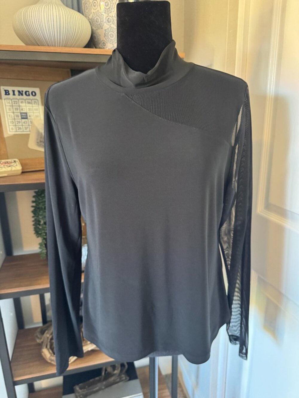 DKNY Mock Neck w/Sheer Shoulder and Sleeve - Size L